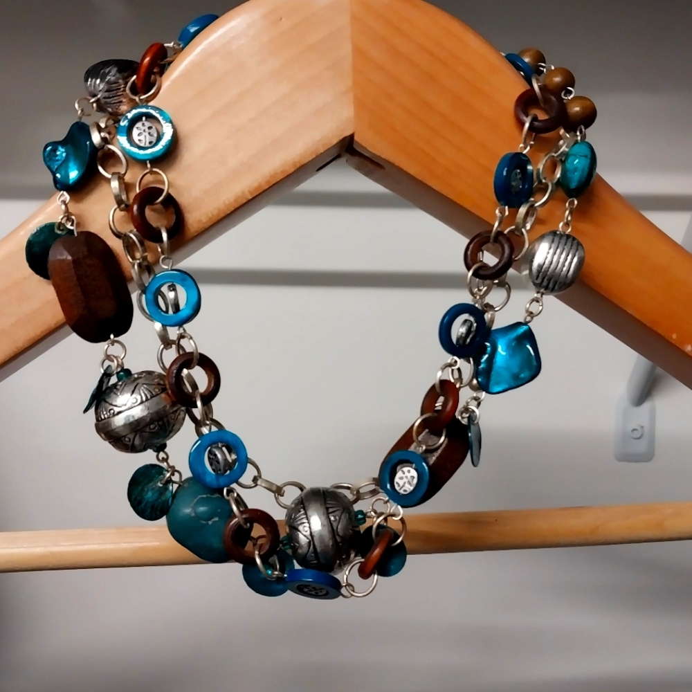 Layered necklace 20" silver, wood and teal/aqua